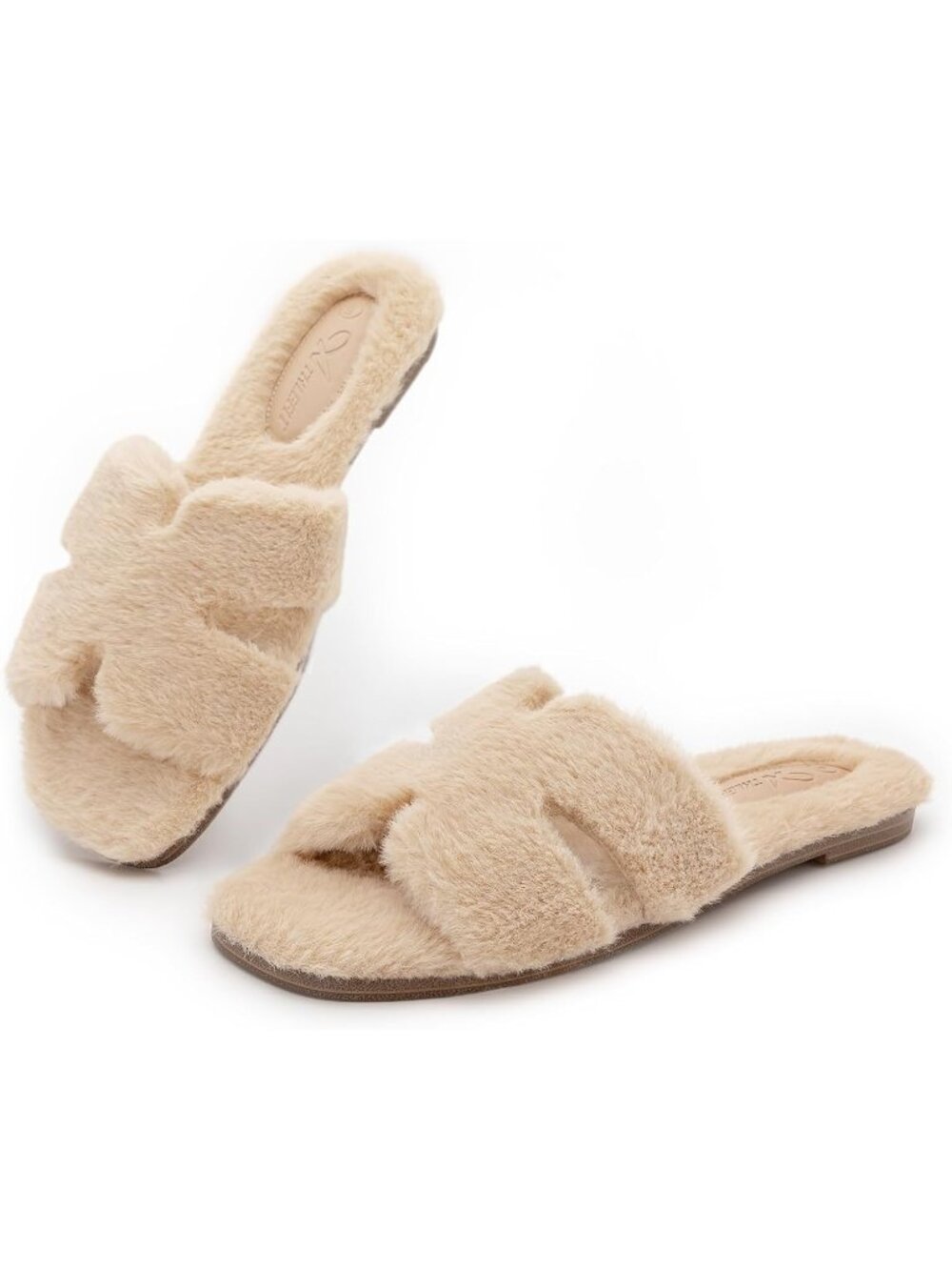 Women's Khaki Cute Comfy Fluffy Fuzzy Faux Fur Open Toe Slip On Indoor Slippers